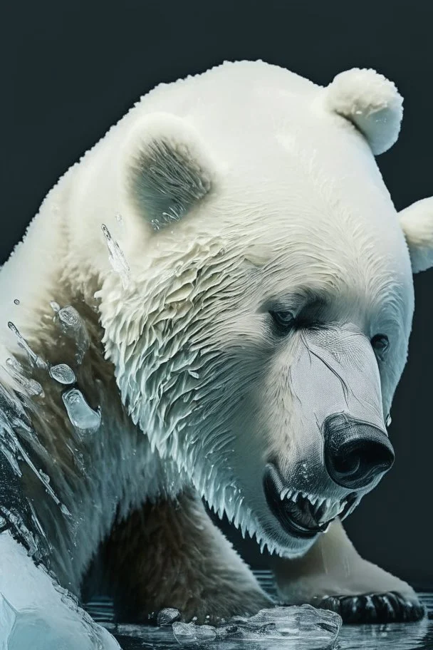 polar bear melting, hyper realistic photography, detailed expression of agony, hyper realistic fur and anatomy details, Takeshi Kawano style, dark colour tone, epic colour treatment, cinematic colour treatment, meticulously intricate perfectly symmetrical extremely detailed, pixiv daily ranking, pixiv, extreme depth of field, artstation, sculpture style, spectacular details, volumetric lighting, masterpiece, cinematic, Hollywood production, 8k resolution, high definition, max octan