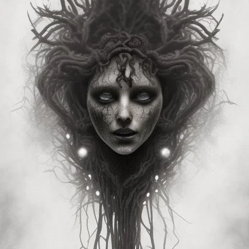 magnificient black medusa, spray paint, chalk, grey background forest, magic light fountain