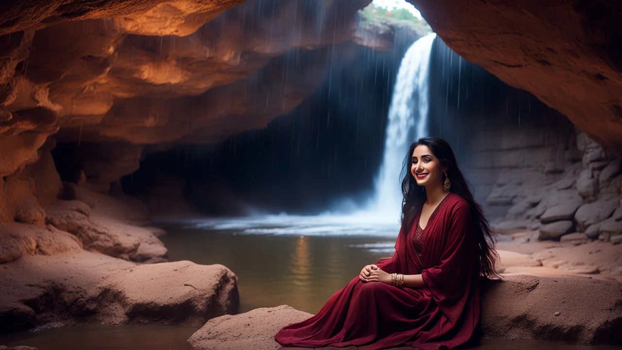 Hyper Realistic Photographic Outside View Of A Gorgeous Pashto Young Woman (Wearing Simple Maroon Colored Dress & Wearing Plain Maroon Dupatta On Her Neck) Happily Sitting & Smiling Boldy In A Cave & Showing Her Long Black Hair & her Legs Are In The Lakewater With Waterfall View Outside, With Heavy Rain Outside Cave At Dark Night Showing Dramatic & Cinematic Ambiance.