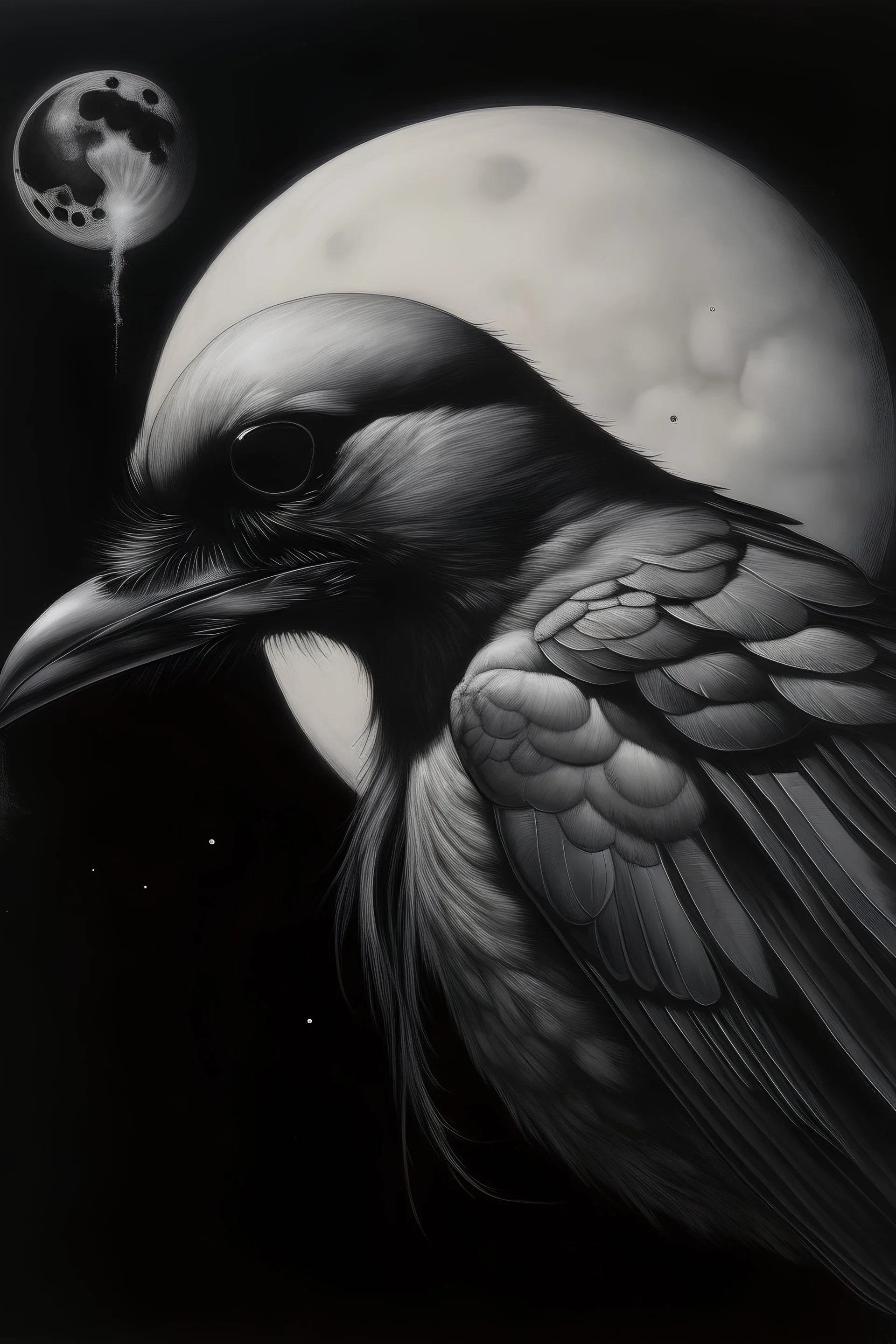 Crow with exposed skull and moon