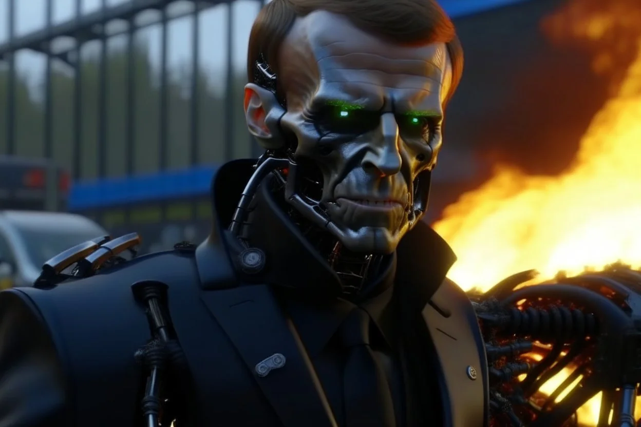 4k full details, full realism. EMMANUEL MACRON EN ROBOT TERMINATOR. ELYSEE EN FEU EN ARRIERE PLAN. FIRESTARTER