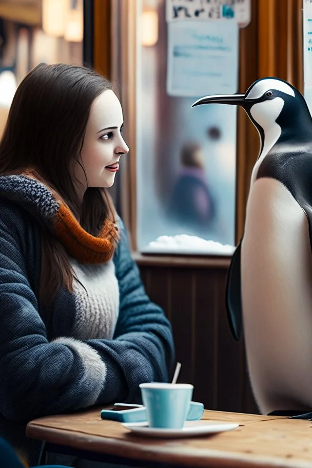 young woman talk to a penguin in coffee-shop