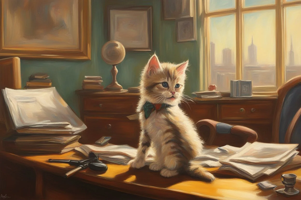 kitten girl secret agent joker in an office in sunshine, very detailed, oil painting