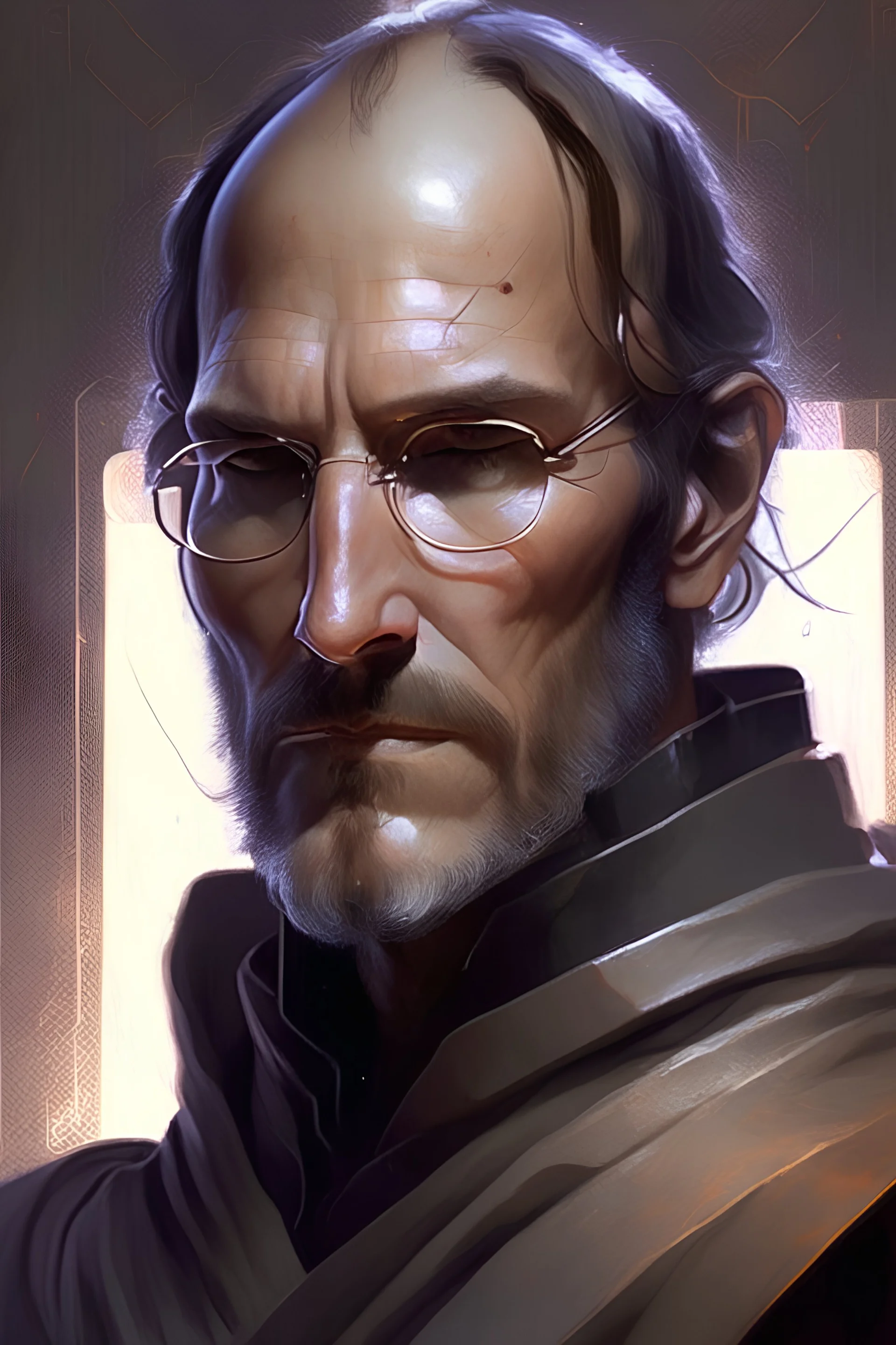 Steve Jobs Star Wars movie character, highly detailed, digital fantasy character, painted portrait, artstation, concept art, hard focus, illustrations, works by artgerm and Greg Rutkowski, Alphonse Mucha and Craig Mullins, James Jean, Andrey Ryabovichev, Mark Simonetti and Peter Morbacher