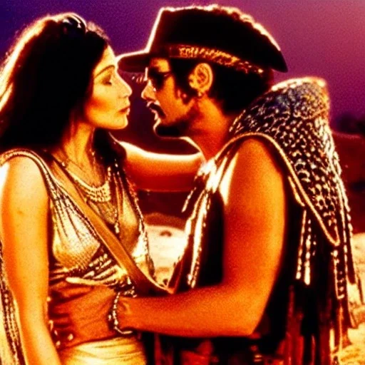 johnny depp as indiana jones kissing cleopatra. at sunset, in egypt.