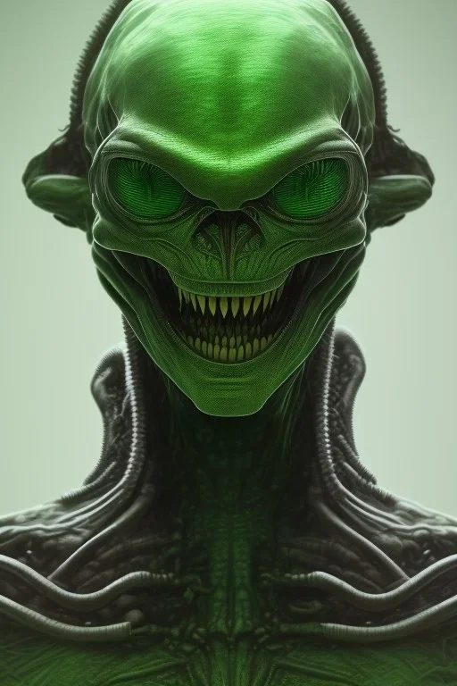 green alien, head, evil, red eyes, big silver teeth, weapons, blood, 8k, finely detailed, photo realistic, HR Giger style