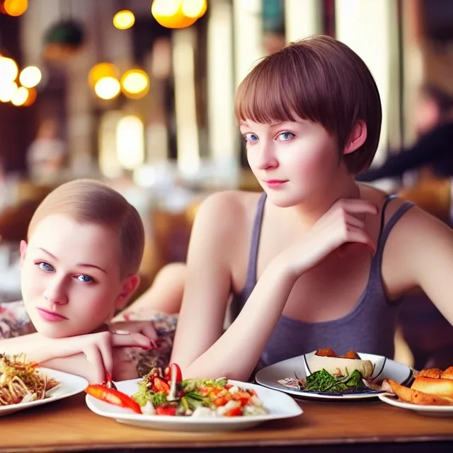 Realistic photo Russian shorthair beautiful 20-years tomboy boyish boylike young wife wide hips in restaurant with daughter