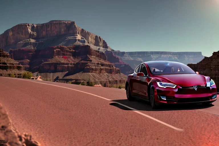 A Tesla 'Model S' is going at a high speed, in the 'Grand Canyon National Park'. (CINEMATIC, WIDE ANGLE LENS, PHOTO REAL)