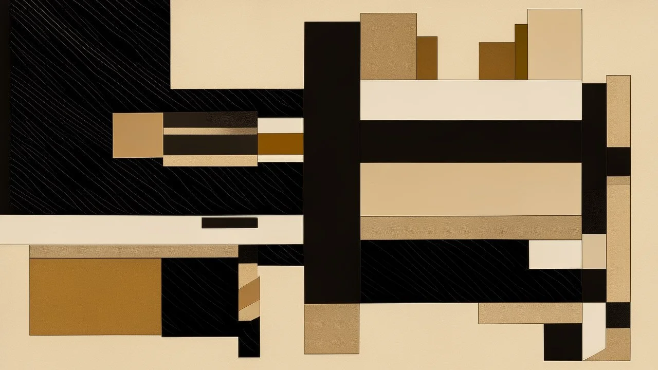 Abstract composition with geometric shapes, including rectangles and a strip in shades of (black and brown on a textured beige background, featuring a piece of paper with handwritten text and a brown tag attached)