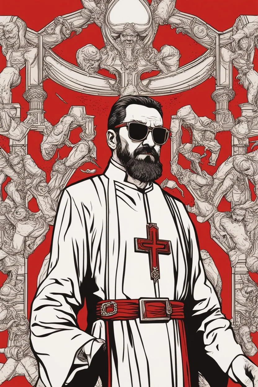 strange priest wearing sunglasses who looks like Hans Gruber red comic book style