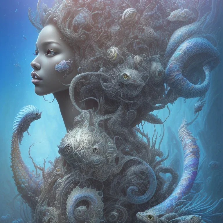 sango fantasy, fantasy magic, intricate, sharp focus, illustration, highly detailed, digital painting, concept art, matte, artgerm and paul lewin and kehinde wiley, masterpiece sexy lips Hawaiian afro lips black African lady body mermaid lionfish head blue space lady beach sea under water mermaid seaweed