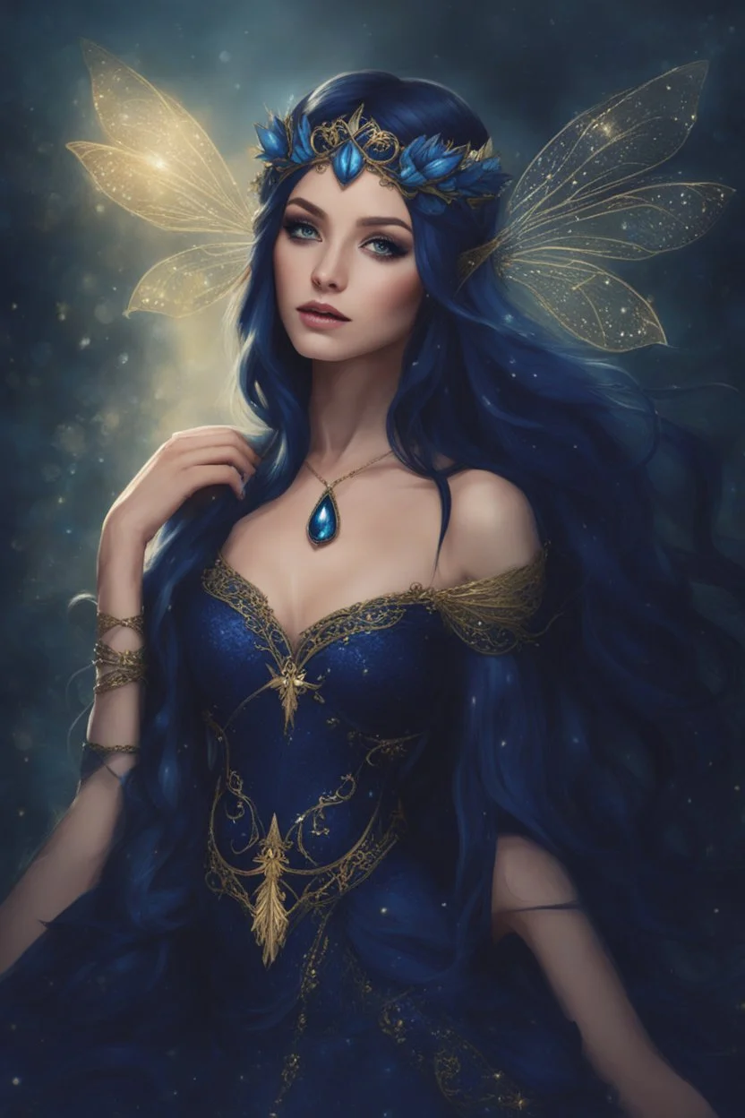 Midnight blue,Dark blue hair,night,dark fairy princess ,elven crown,elven ears,sparkle,glitter,gold armor,dragonflies,rapunzel hair,water lilies