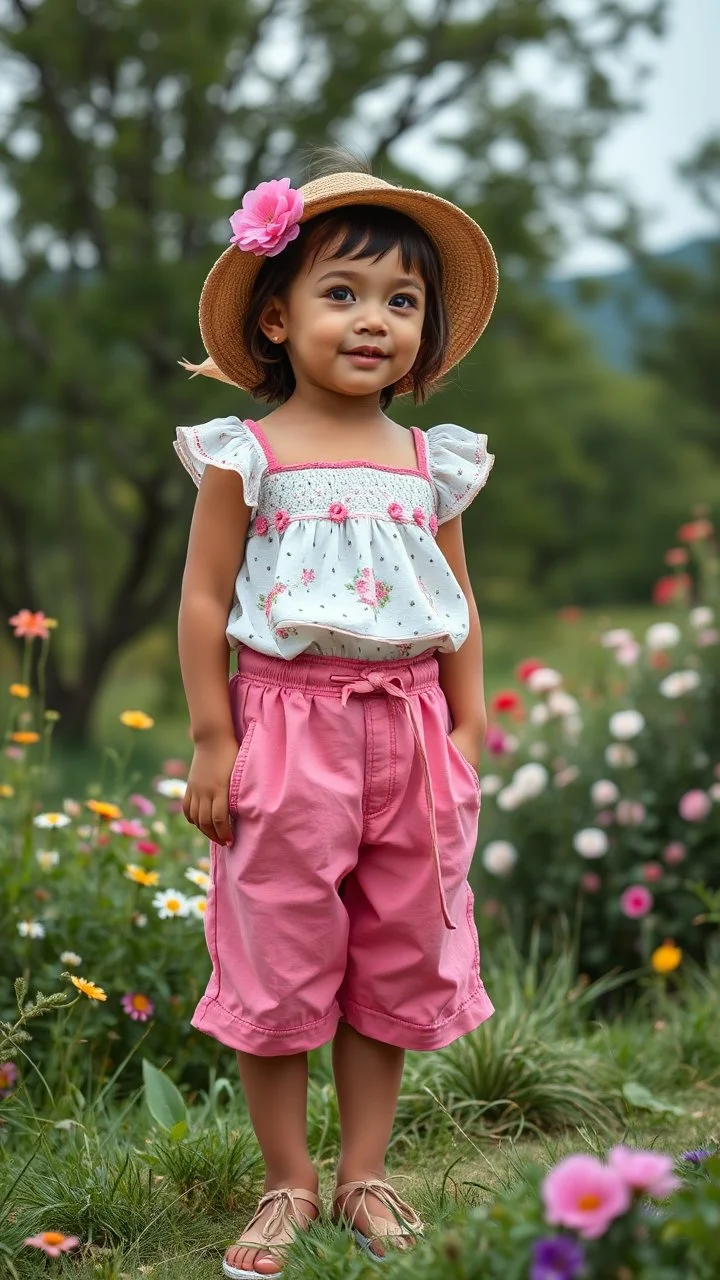 cartonish child lady in pretty top and short pant,standing in country side with flowers,trees.