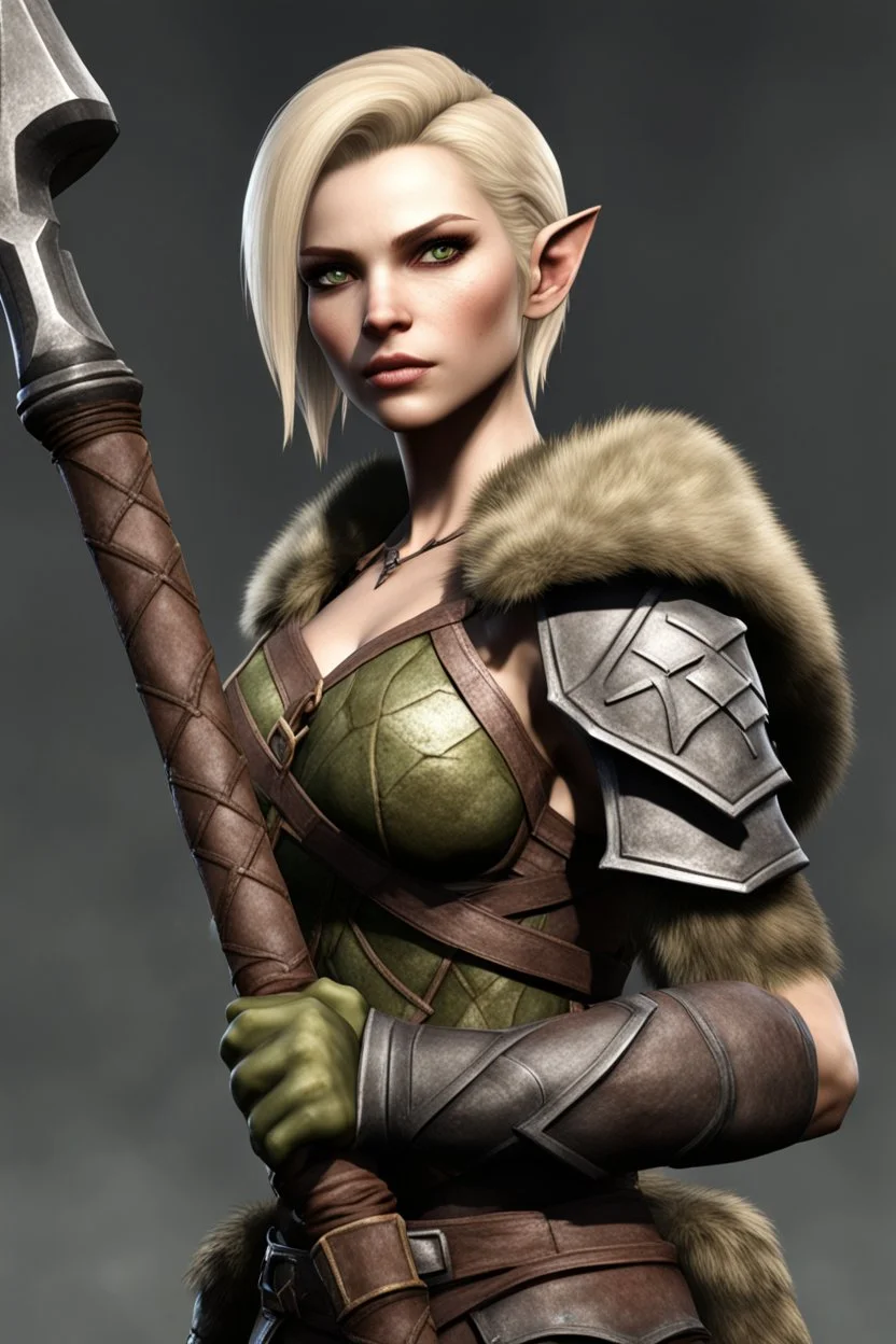 A female bosmer barbarian from Skyrim with dark brown eyes, blonde, short hair, holding orcish maul in hands, fit