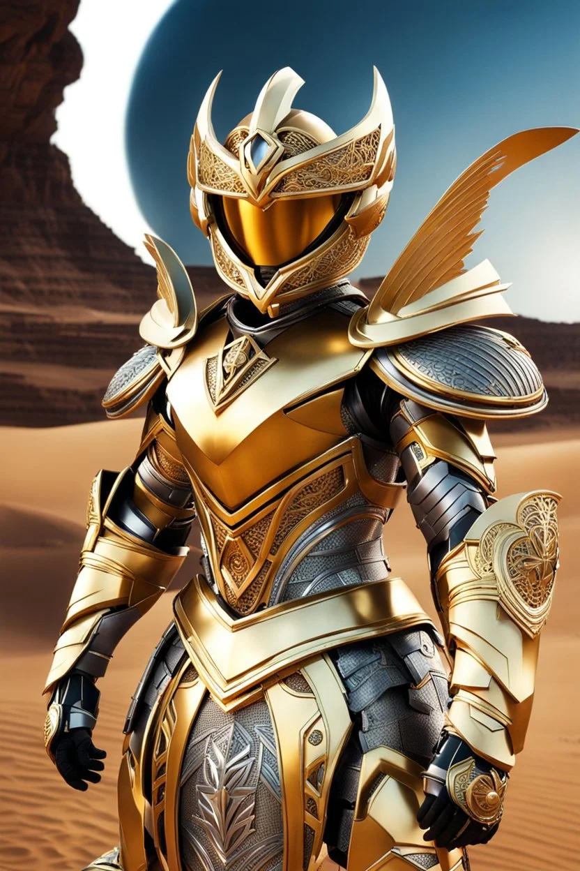 Full body photography,front_view,power ranger looking at viewer,traditional dress ornaments mechanical_armor,intricate armor, delicate golden filigree, intricate filigree, black metalic parts, detailed part,desert background, dynamic lighting