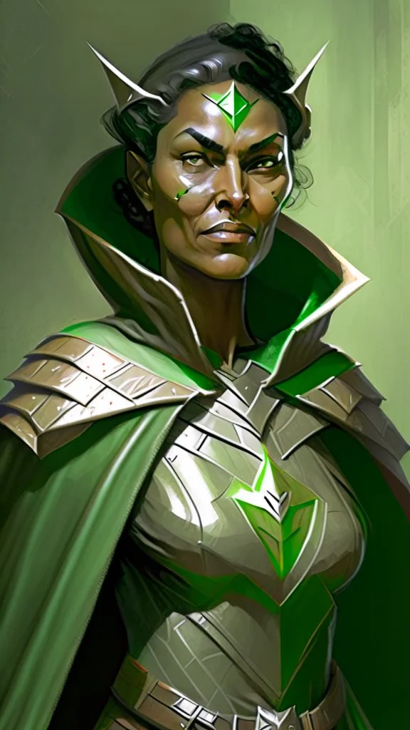 A tall human woman with tanned skin. Her face, marked by the years, always has a smirk on it, showing her superiority in the eyes of the others. She is dressed in grey armor and wears a half-green cape.