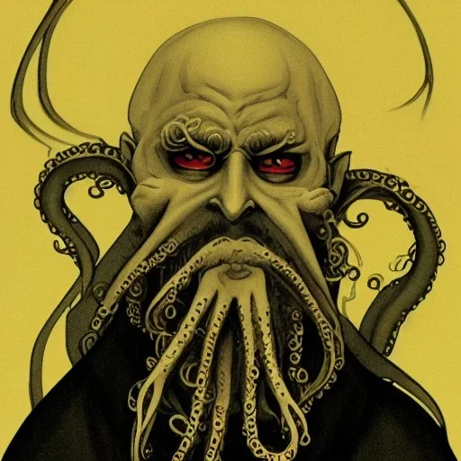 Nosferatu vampire with a beard made of tentacles as a Russian Orthodox vampire with yellow eyes and vampire fangs