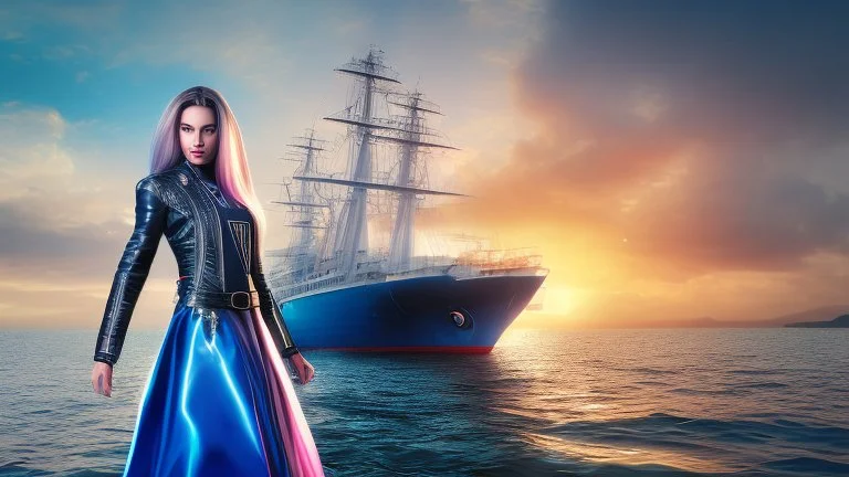 half body shot,realistic portrait of a 20-25 old caucasian model, long blue pink flowing hair, great grey eyes, blue leather jacket,full body, short white skirt,long legs,standing on deck of very big ship, beach of very nice lake with sunset ,clouds,godrayes