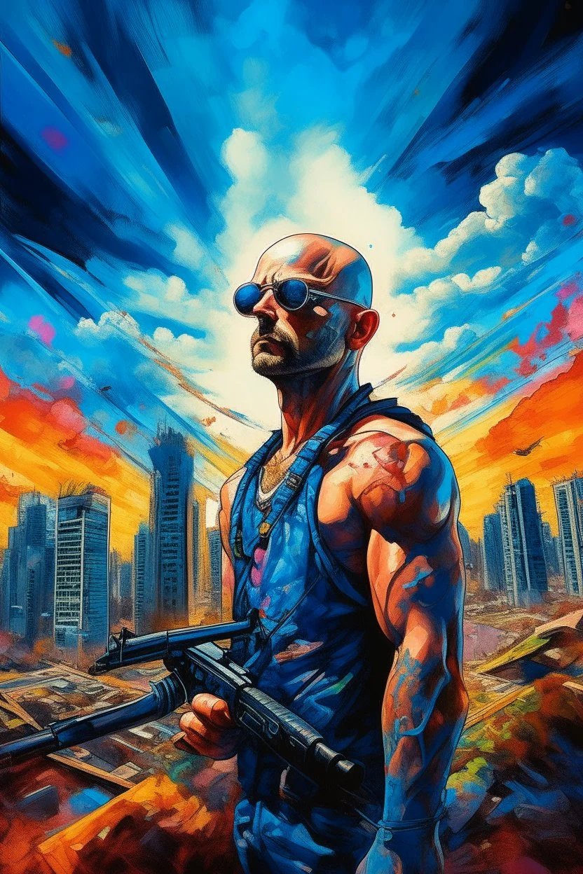 A surreal picture of a man wearing sun glasses with crystal visible chest in side it merge a big city buildings. Busch painting style , mystery, anger oil rough brush with thick colors, wearing nucleus with big cross on his chest , blue colors picture with colorful clouds and hanging a gun strap on his chest, a drone in the sky from a distance