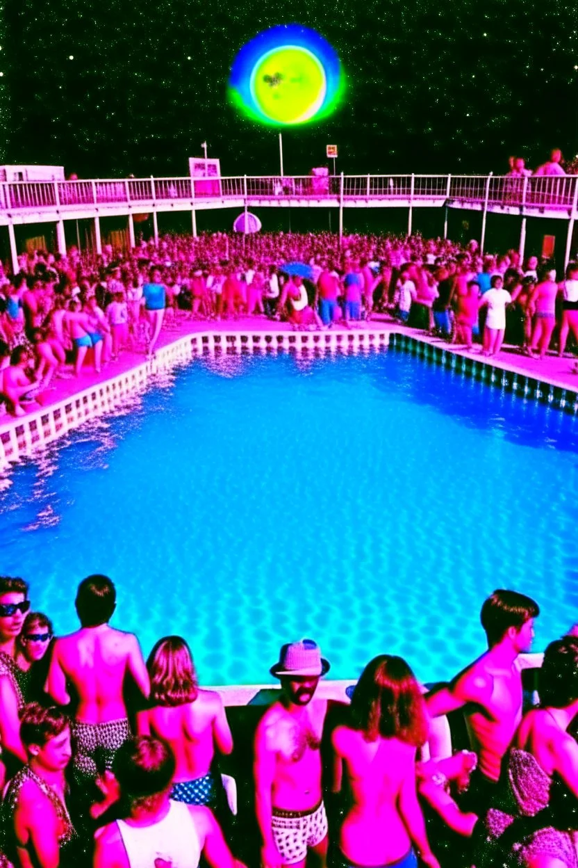 techno rave party in 80's with swimming pool on the moon full