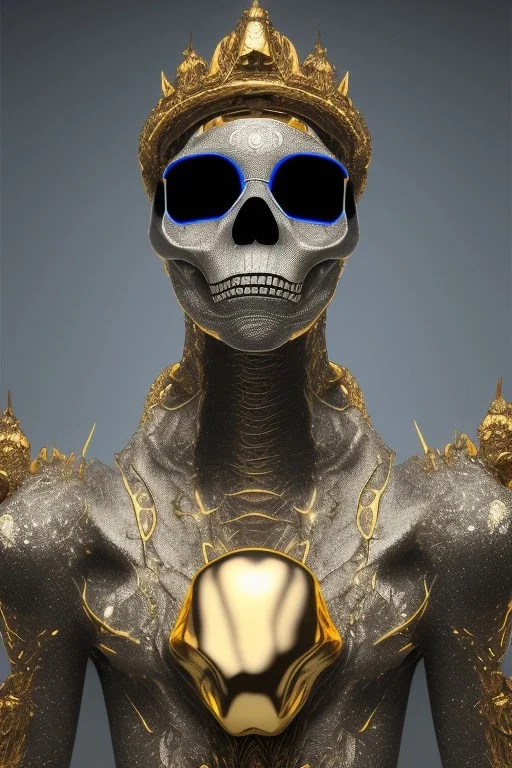 black male African alien, cracks in the voodoo head, wicked, diamond eyes, crown, blood, 8k, finely detailed, photo realistic, leopard style turquoise skull head gold dragon space alien rain skeleton gold tooth silver crown silver space suit spaceships