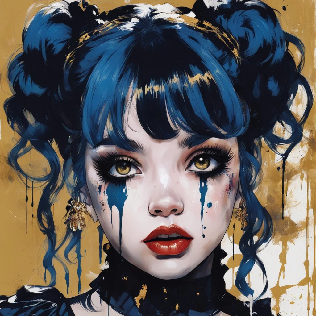 Poster in two gradually, a one side malevolent goth vampire girl face and other side the Singer Melanie Martinez face, painting by Yoji Shinkawa, darkblue and gold tones,