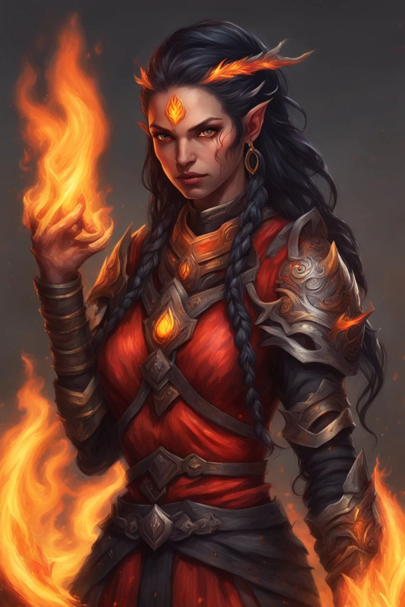 Visualize a fierce eladrin druid with blazing jet-black hair, each strand seemingly on fire, conjuring flames with her hands. Her eyes, a bright red that shines with a fiery intensity, add to the dramatic display of elemental power. The flames dance within the intricate half-braided, cascading hair, creating an entrancing spectacle. Clad in minimalistic armor, she channels magic and fire, a notable scar on her face revealing battles fought.