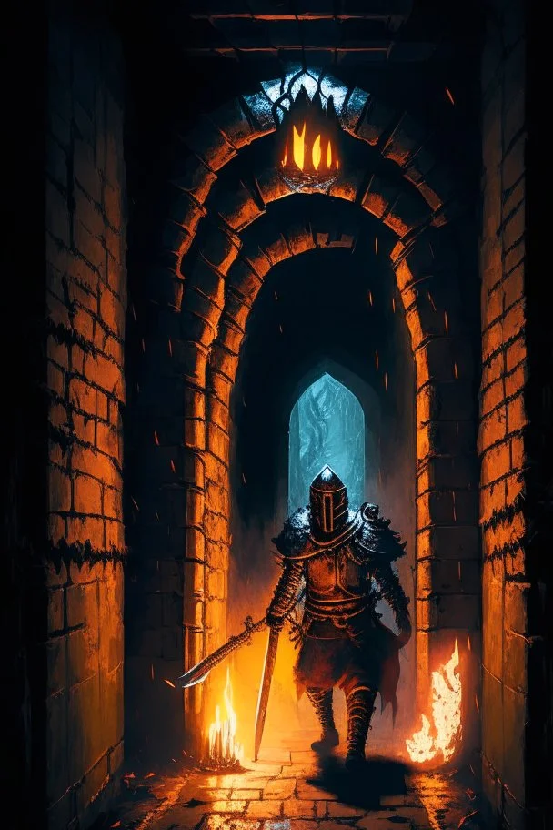 A frightening castle dungeon hallway with an evil knight warrior in rusty chainmail holding a burning torch painterly rpg art