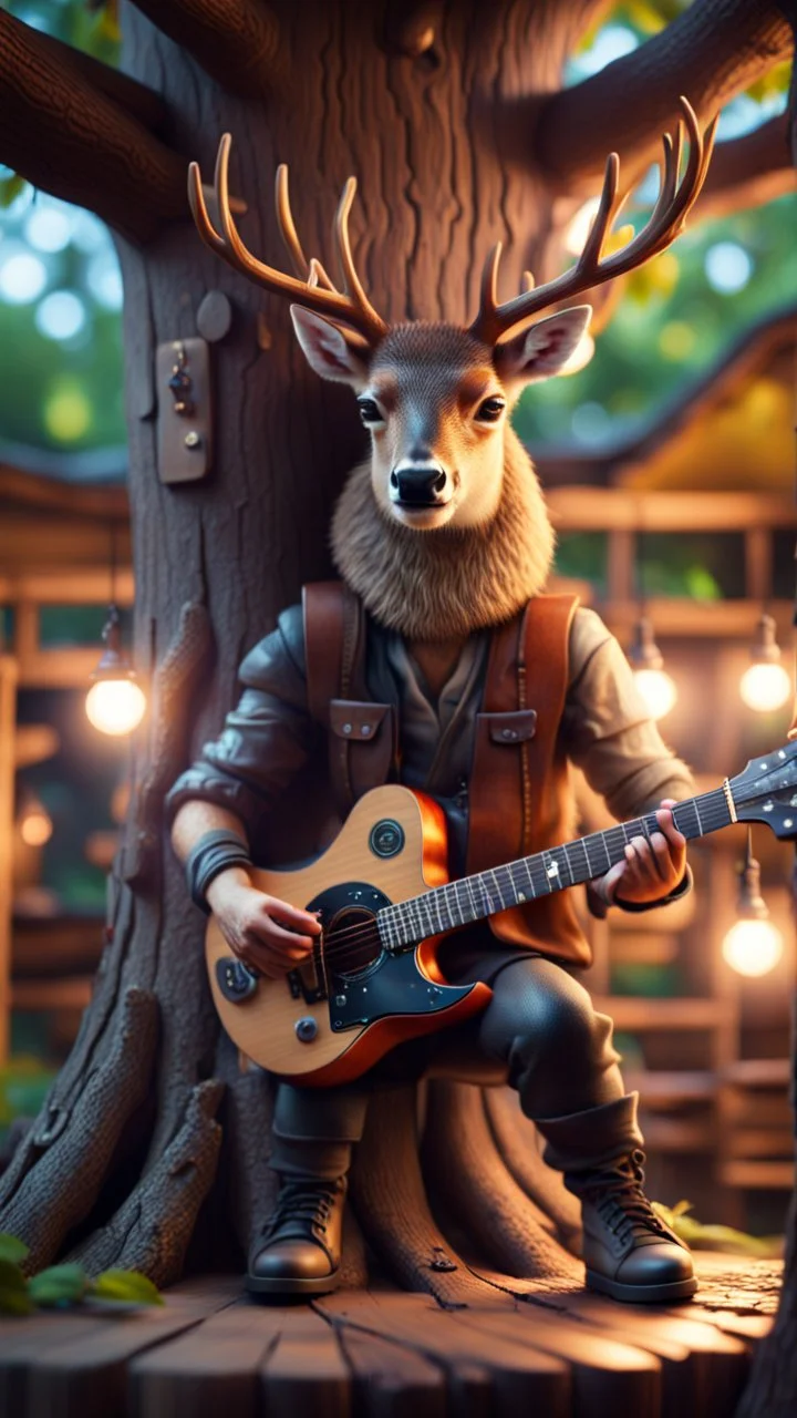 portrait of hairy rock guitar ninja deer living inside a tree house in a hollow huge tree growing light bulbs,bokeh like f/0.8, tilt-shift lens 8k, high detail, smooth render, down-light, unreal engine, prize winning