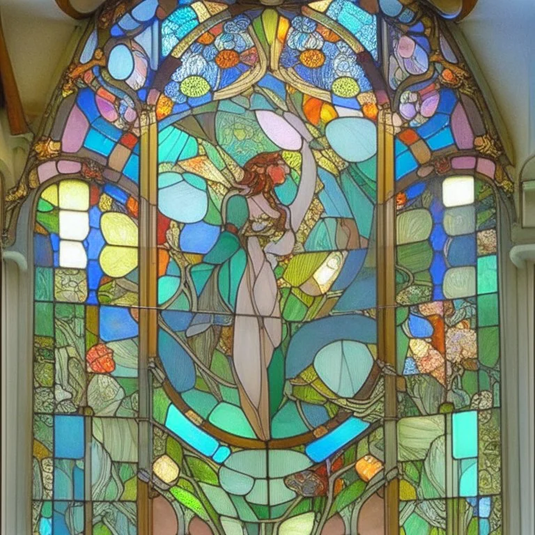 A big Art Nouveau stained-glass window in an Art Nouveau villa by artist "Alphonse Mucha"