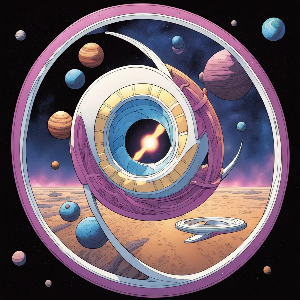 a Mobius strip that is also a starship "TAA II" is the size of a solar system and belongs to Marvel's Galactus, it is shaped like a Mobius strip, winding and looping upon itself, with Jack Kirby design elements, in space with small planets within, add color and texture