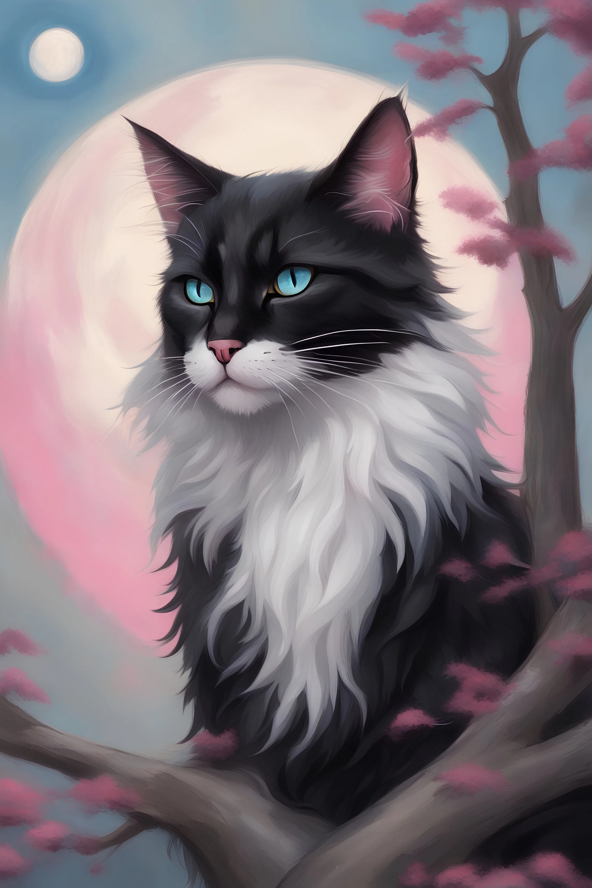 Warrior cats, female black Maine coon. piebald white, blue eyes. moon collar. torn ear. deep pink scar on her hip. (painting)