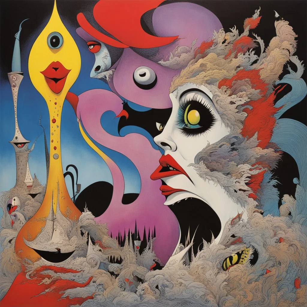 Hush! Mamma's gonna make all of your nightmares come true, gonna put all of her fears into you, the overbearing wicked mother, style by Gerald Scarfe and Yves Tanguy, deep colors, intricate detail, sinister dreamscape, spectrum elements, dramatic depth of field.