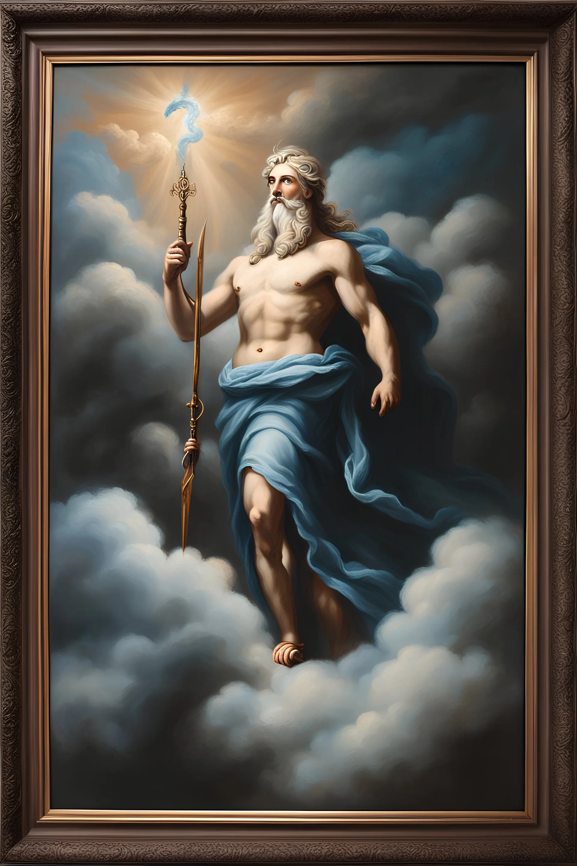 Epic heritage framed oil painting of zeus standing above clouds authentic colour pastel