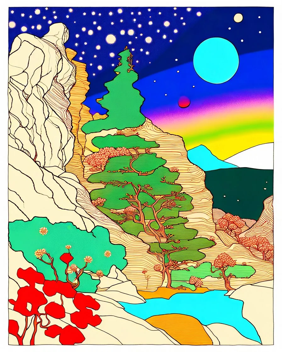 Peaceful, Egon Schiele, Max Ernst, night sky filled with galaxies, planets and stars, rock formations, trees, flowers, one-line drawing, sharp focus, 8k, deep 3d field, intricate, ornate, one million strokes, colored