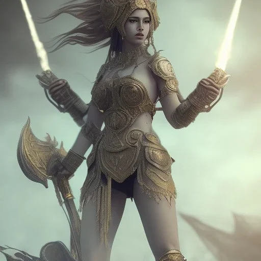 badass female goddess of war, very beautiful figure,tilt shift blur, wearing, feminine,outpainting, object shadow,extraordinary, sharp focus,macro lens,intricate filigree metal design, full body portrait, cinematic, unreal engine 5, 8k, hyper realistic. Volumetric lighting, unreal engine 5 ,hyper elegant,hyperphotorealistic, epic composition,cinematic lighting, hyperphotomaximalist, masterpiece,epic composition, ,Glim lighting