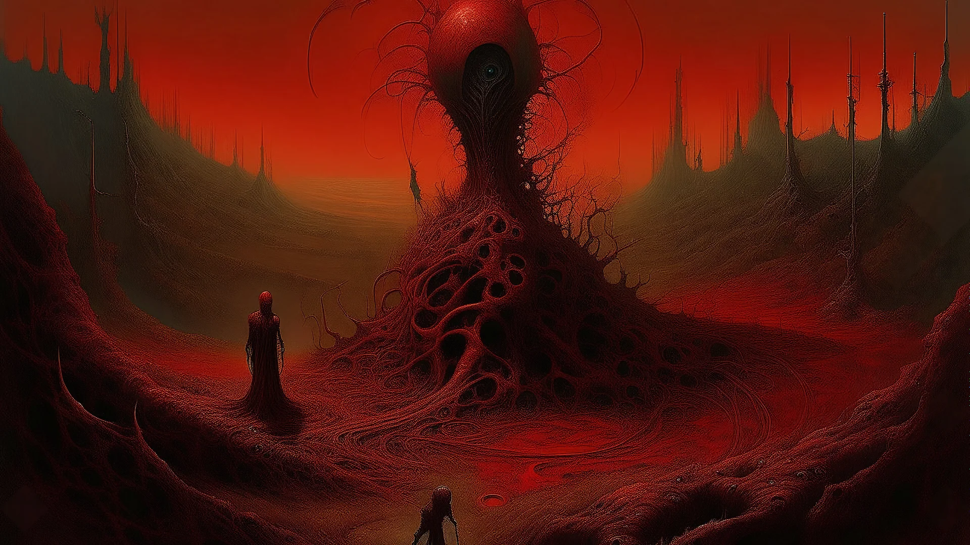 A surrealist painting in the style of Zdzisław Beksiński, featuring a biomechanical sculpture in a desolate landscape. The sculpture is a twisted, organic form of deep red, with multiple eye-like openings and tendrils. Beside it stands a female figure, her body rendered as a translucent silhouette filled with intricate, dark patterns resembling roots or veins. Her hair is an explosion of chaotic black and red threads, merging with the sculpture's form. The background depicts a muted, hazy horizo