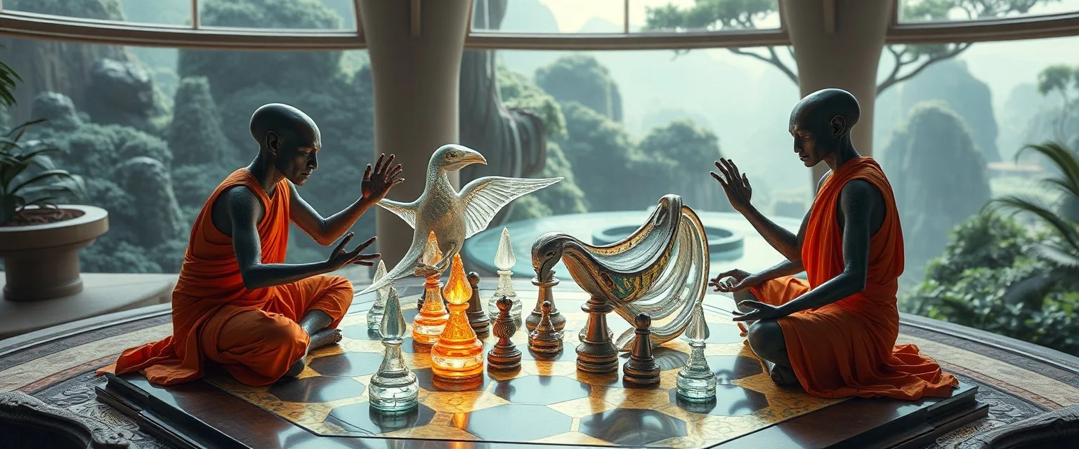 alien levitating yoga monk wrestlers chess masters playing serious glowing chess on hex map in lounge on beautiful lush planet with huge transparent bird glass alien chess pieces of ships in fountain, also an endless twisted god piece, one of the players is wrestling a piece