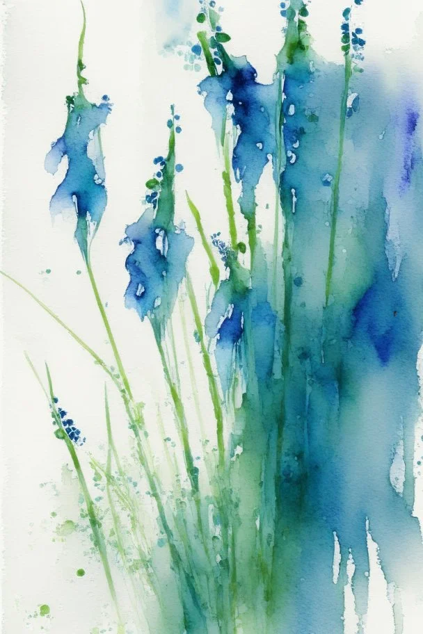 Abstract wet watercolour, blue green stalks delphiniums, no crop