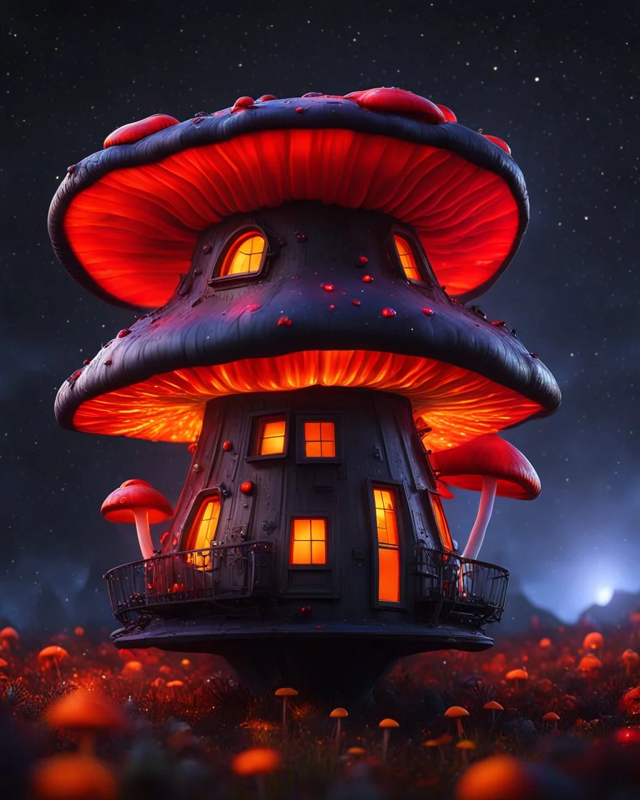 An illogical floating mushroom house on a clear moonless night. . Bright Bold Bright Colors, red orange yellow black, Starry Dark cosmic interstellar. Detailed Matte Painting, deep color, fantastical, intricate detail, splash screen, hyperdetailed, insane depth, concept art, 8k resolution, trending on Artstation, Unreal Engine 5, color depth, backlit, splash art, dramatic, High Quality Whimsical Fun Imaginative Bubbly, perfect composition