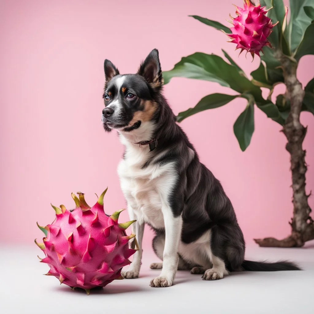 A dog sitting in front of a dragon fruit on a light background for removal