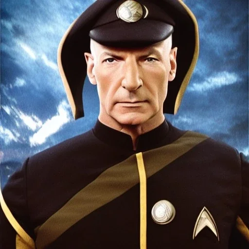Captain Jean-Luc Picard as a Romulan Officer, realistic, 8k, cinematic, in the style of Captain Kirk from Star Trek TMP, dramatic light, full body, cinematic, photo realistic, portrait Photography, Depth of Field, hyper-detailed, beautifully color-coded, insane details, intricate details, beautifully color graded, Cinematic, Color Grading, Editorial Photography, Photography, Photoshoot, Shot on 85mm lens, Shutter Speed 1/500, F/2,