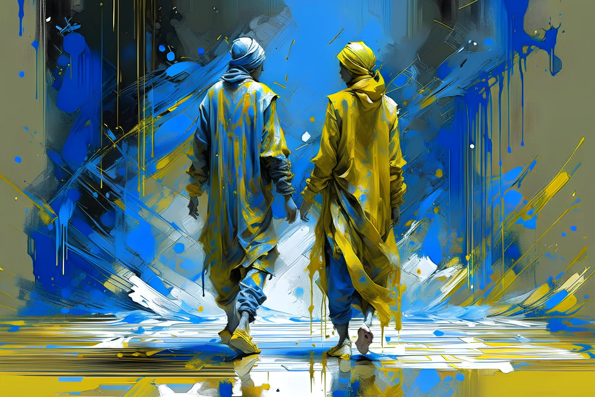 The perception of newness comes from anamorphic space from couple figures that undergoes a transformation after some specific action and adapts to a new space as if in the form garment of a rain, dust, scratches, ink, oil, pencil drawing, gouache texture, maximum detail, quality textures, light gold and blue lighting, 8k high resolution, Enhance