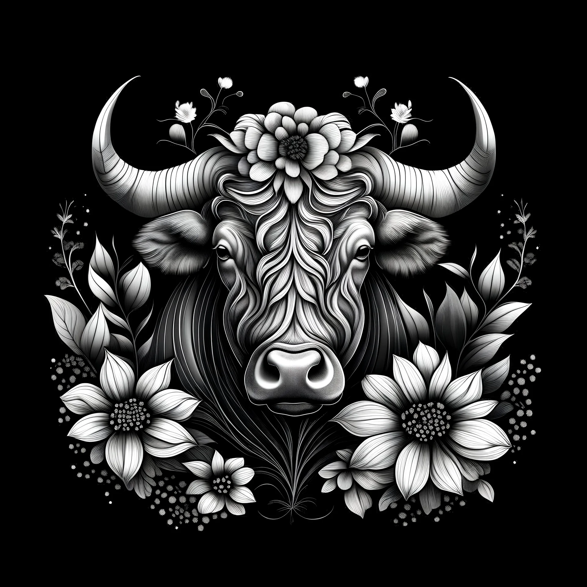colorless water buffalo between seeds and flowers black background .black and white colors. for a coloring.