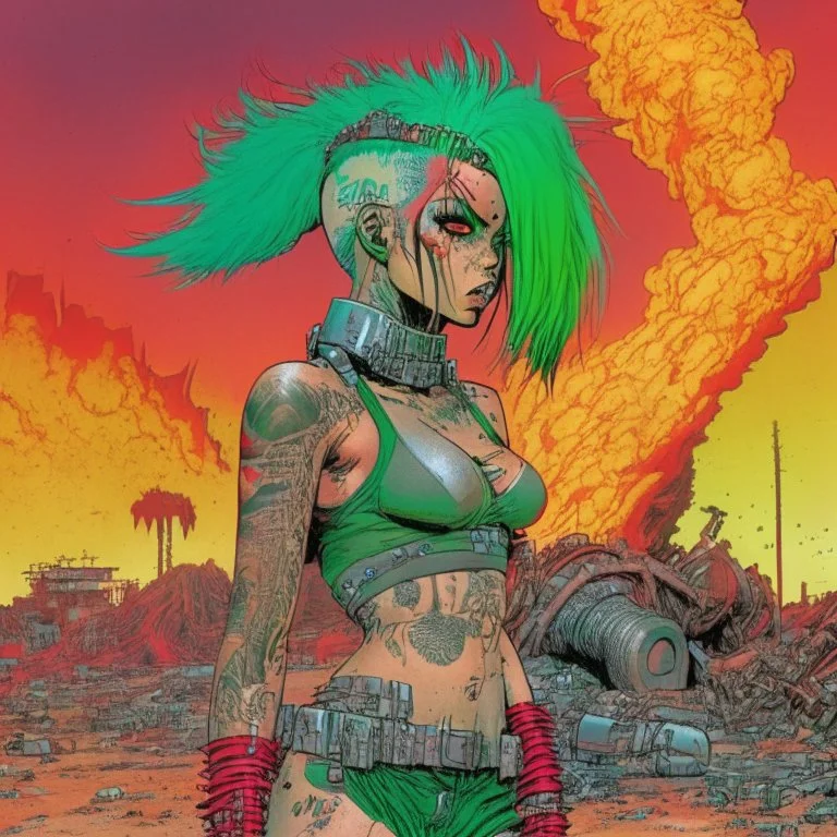 Una mujer egirl de pelo verde cyberpunk con tatuajes fittnes en armadura plateada futurista en un estilo de comic de 1980 en un wasteland en montevideo con un volcan rojo.