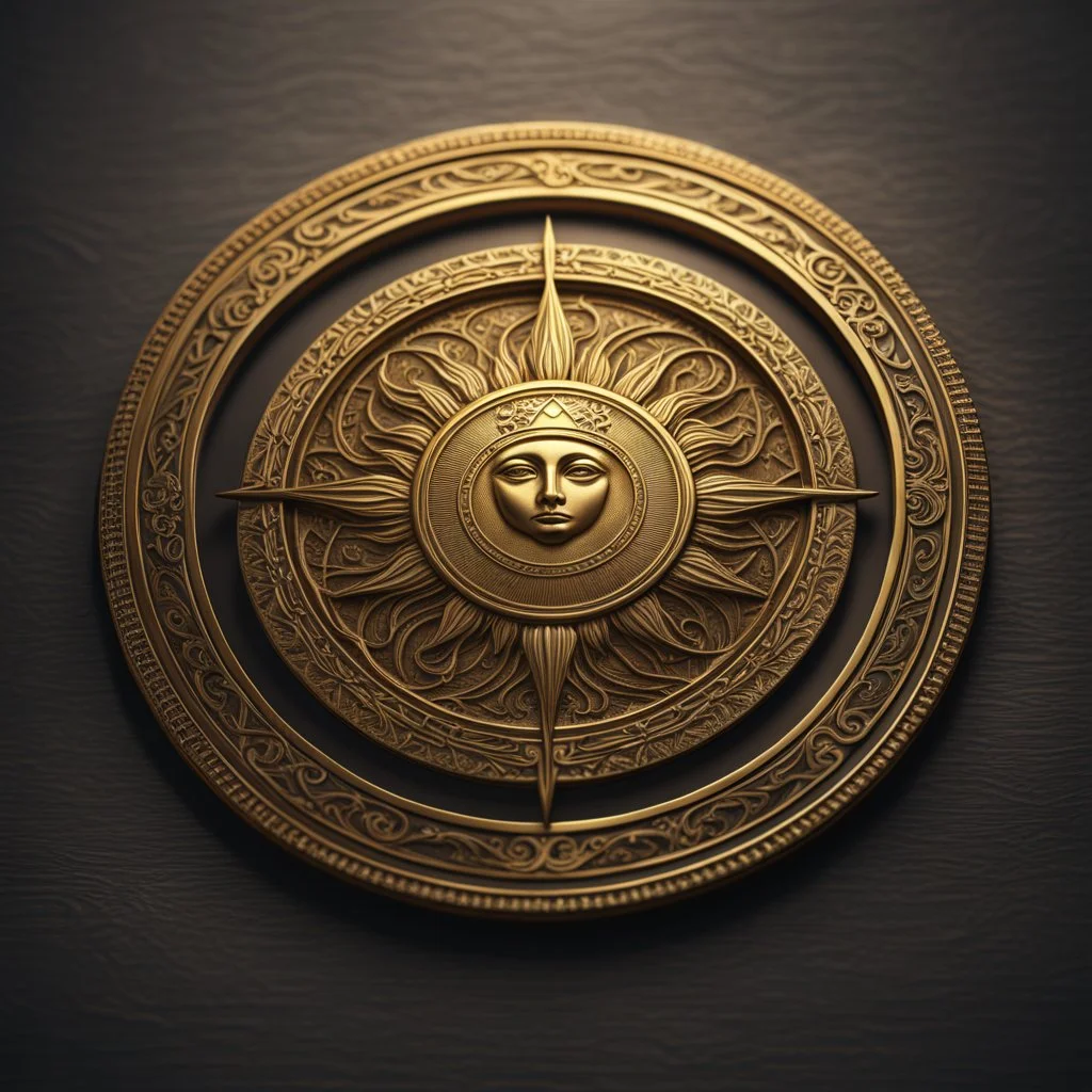 a used gold coin called a Gold Sun. the coin has a circle of runes around the edge. fantasy concept art, exquisite realism, a masterpiece, dynamic lighting, hyperdetailed, intricately detailed, deep color, Unreal Engine, volumetric lighting , Epic cinematic brilliant stunning intricate meticulously detailed dramatic atmospheric maximal,CAMERA: Nikon Z7 | FOCAL LENGTH: 105mm | SHOT TYPE: Close-up | COMPOSITION: Centered | LIGHTING: Soft, directional