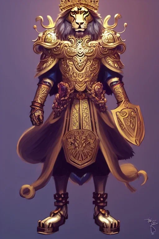 wide angle beautiful full body portrait of a strong male anthropomorphic lion fursona wearing ornate lion - themed magic fantasy armor and a crown. character design by disney, anime, manga, charlie bowater, ross tran, artgerm, and makoto shinkai, detailed, soft lighting, rendered in octane