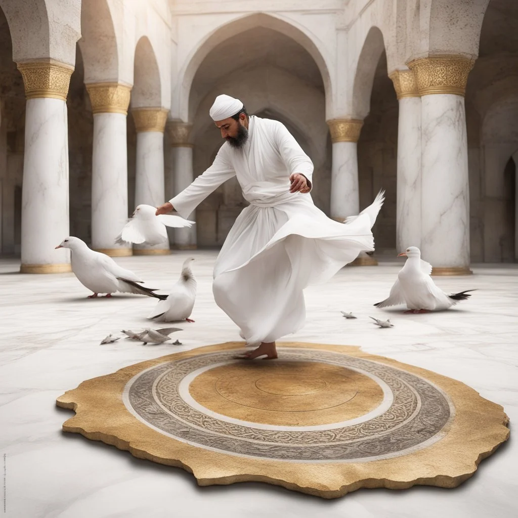 Hyper Realistic Sufi Whirling on stone floor with white & Golden Islamic Sufi Rustic Grungy Background outside white marble Islamic monument with pigeons flying