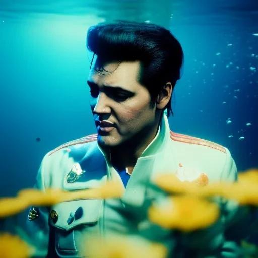 Elvis Presley underwater with yellow flowers for hair, closed eyes, rtx, reflection, 8k, glow, winning photography, caustics