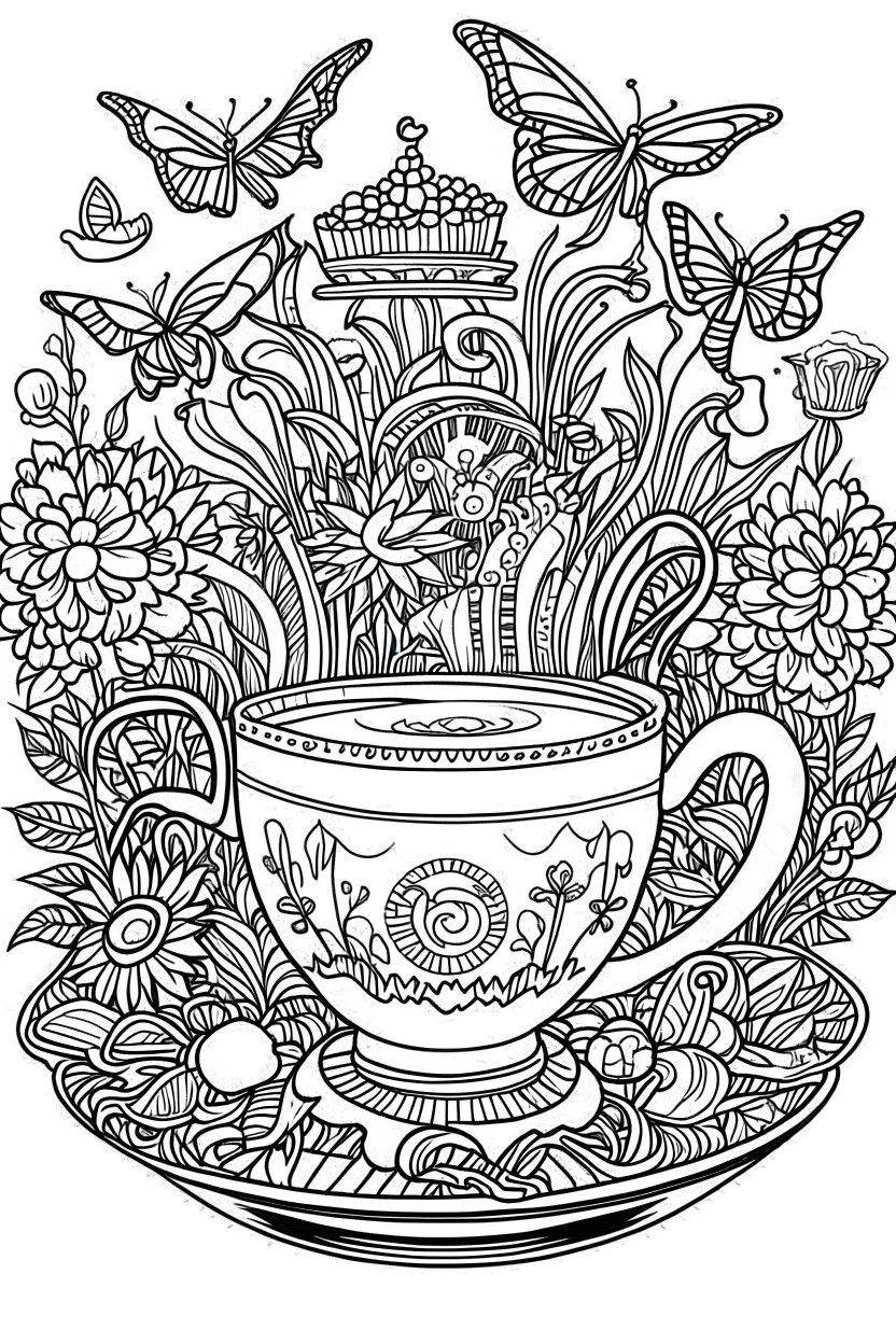 Outline art for coloring page, AVANT GARDE DRAWING TEACUP SET IN A GARDEN, coloring page, white background, Sketch style, only use outline, clean line art, white background, no shadows, no shading, no color, clear